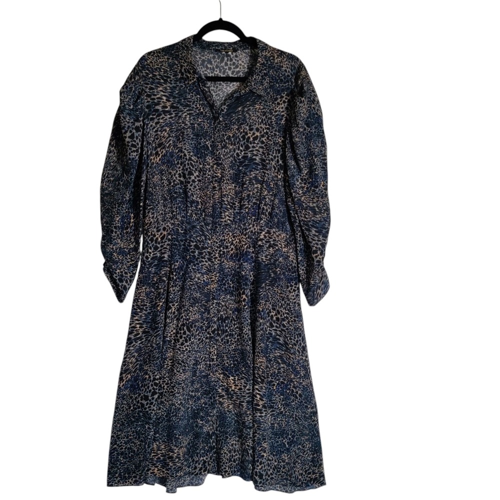 Kobi Halperin Blue Animal Print Silk Puff Sleeve Midi Shirtdress Womens Large